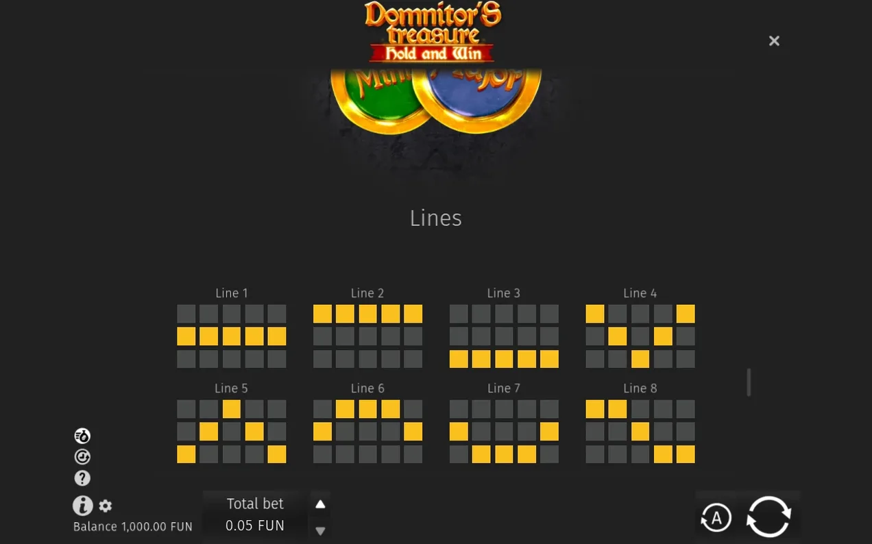 Ecranul Lines arată diagramele liniilor 1-8 cu celule galbene active, pariu total 0,05 FUN.