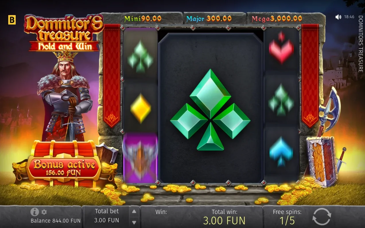 Grilă Hold and Win cu monede multiplicator, regele Domnitor și butonul Buy bonus vizibile.