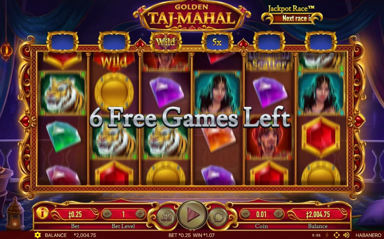Rundă de Free Games pe fundal nocturn mov, cu textul „6 Free Games Left” peste simboluri Wild