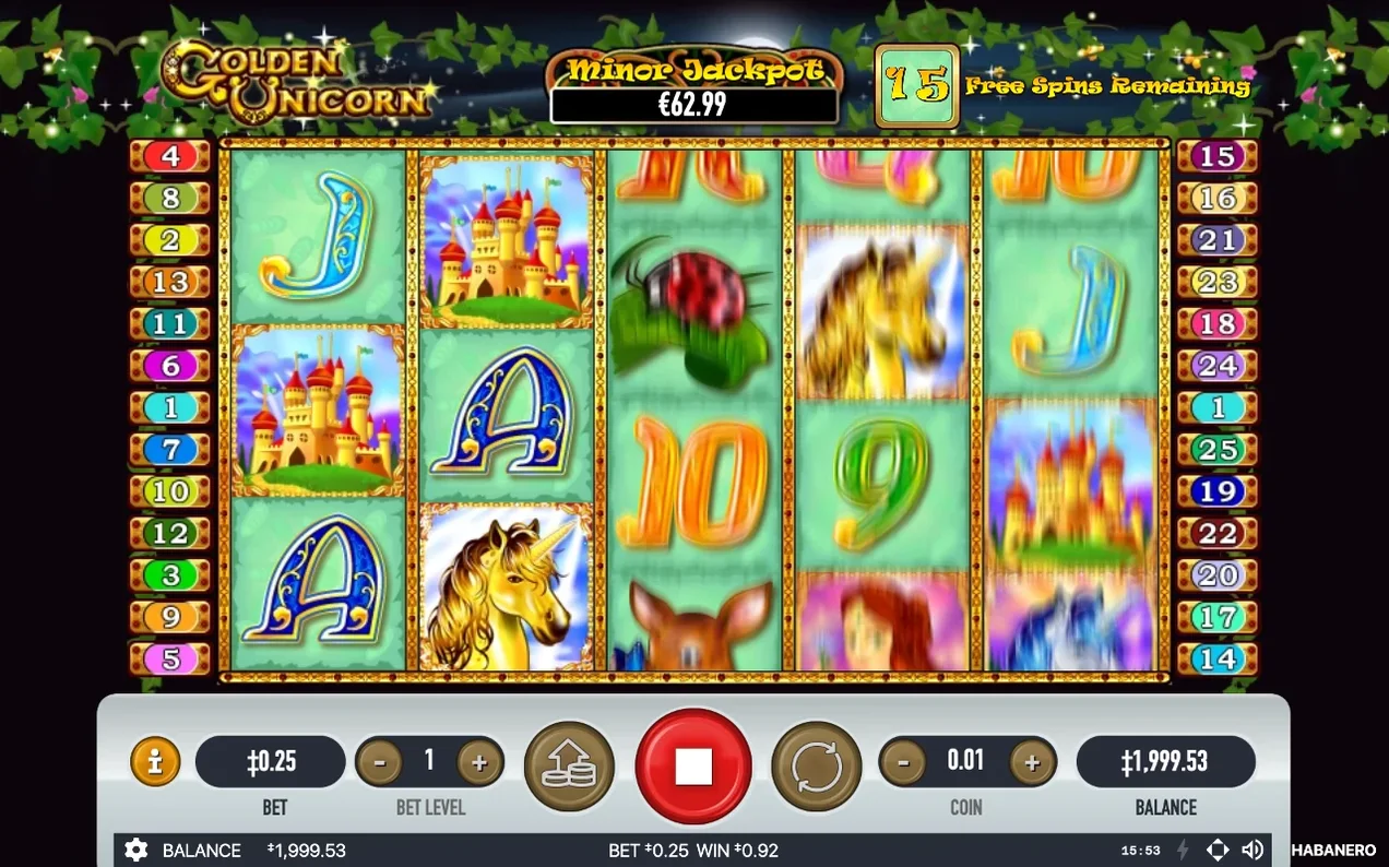 Rundă de Free Spins cu 15 Free Spins Remaining, Minor Jackpot €62.99 și butonul roșu de stop activ.