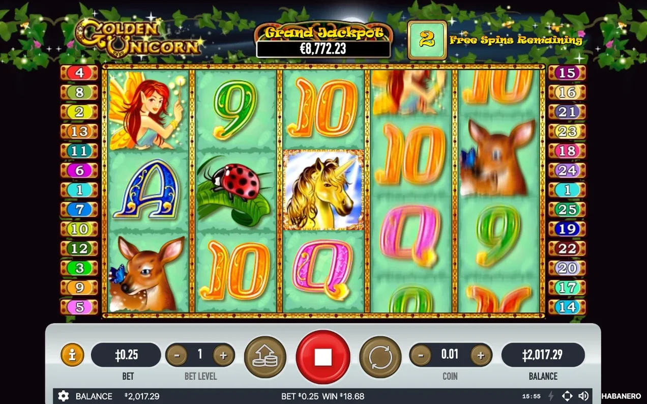 Reel-uri de Free Spins pe cer nocturn, cu 2 Free Spins Remaining și unicornul auriu pe mijloc.