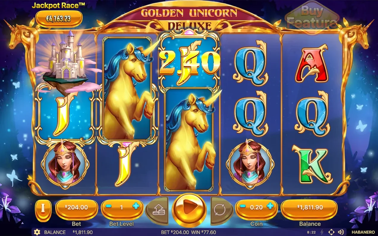Joc gratuit cu doi Unicorni Auriu vizibili, câștig de 2.40 afișat, WIN total 77.60.