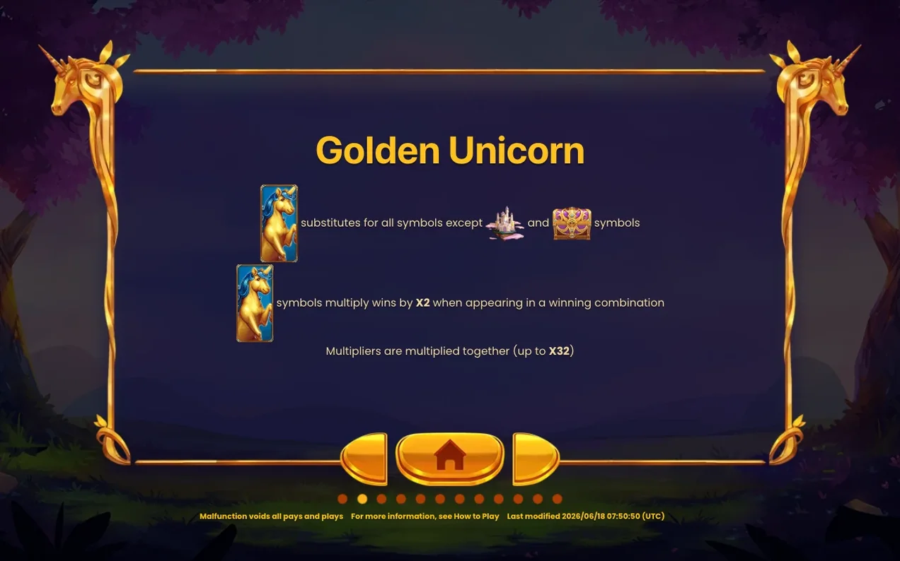 Ecran informativ Golden Unicorn: substituie toate simbolurile, multiplică câștigurile x2, până la x32.