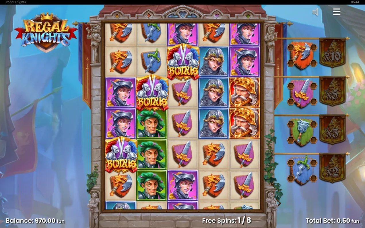 Grilă Free Spins 1/8 cu simboluri Bonus, cavaleri și scara de multiplicatori x2-x10 pe panoul lateral.