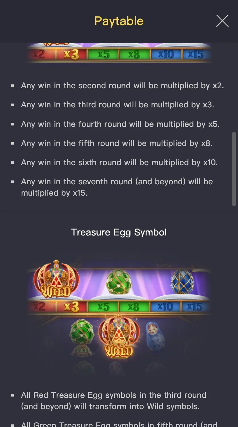 Paytable displays x2 to x15 round multiplier bar and Treasure Egg symbols with Wild transform rounds