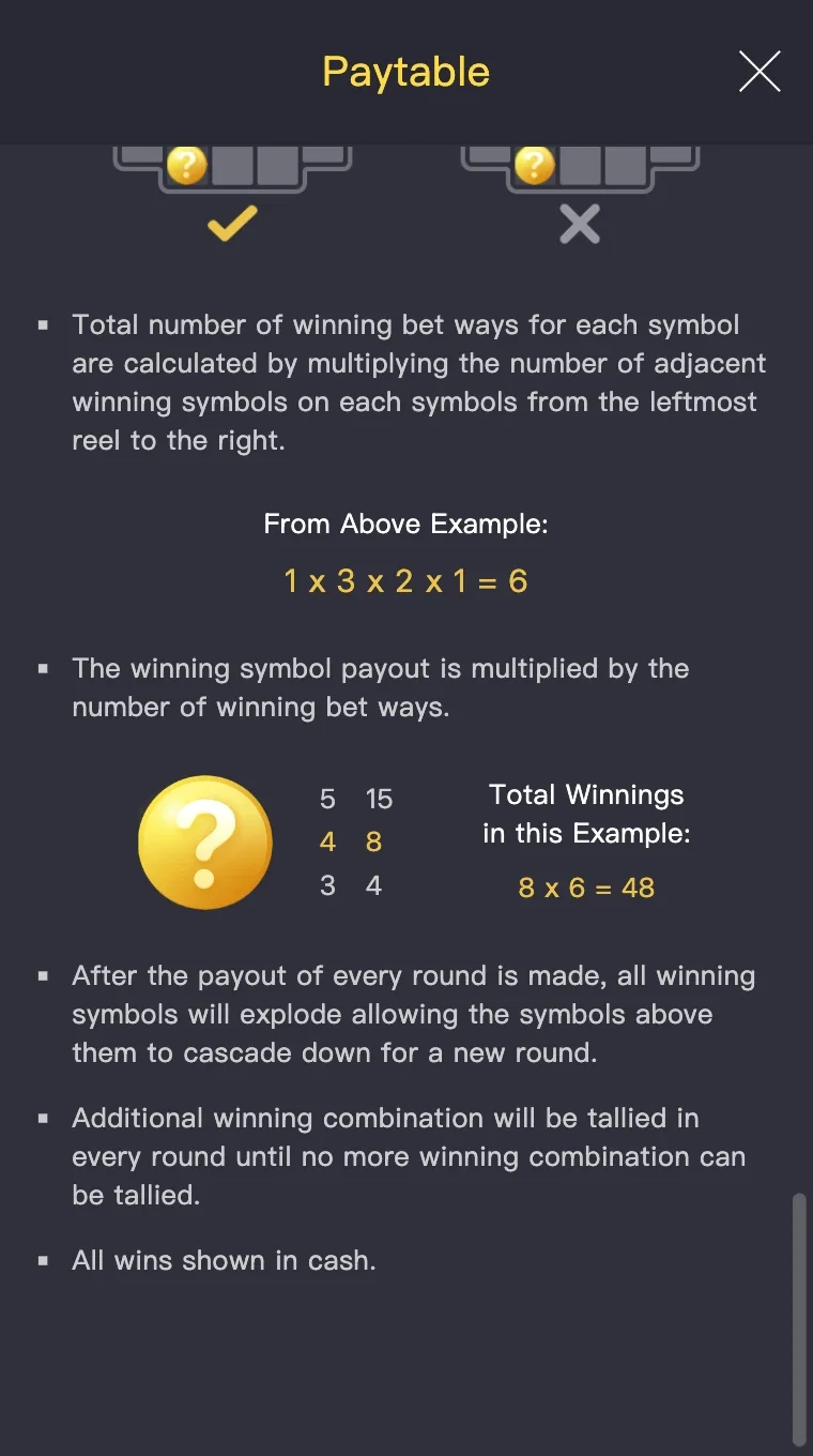 Paytable shows ways-to-win formula: 1x3x2x1=6 ways, payout 8x6=48, plus cascade explosion rule