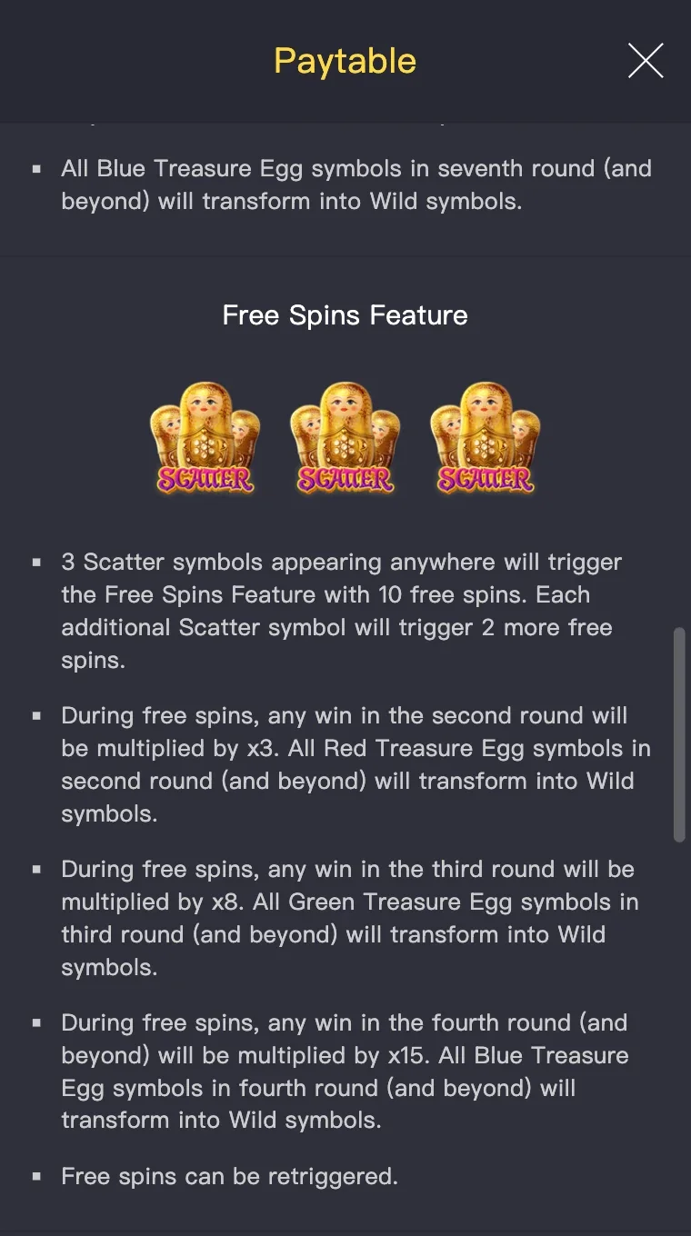 Paytable lists Blue Egg transform rule and Free Spins Feature with three Scatter dolls and round multipliers